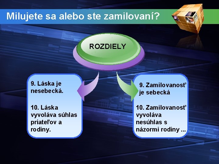 Milujete sa alebo ste zamilovaní? ROZDIELY 9. Láska je nesebecká. 10. Láska vyvoláva súhlas