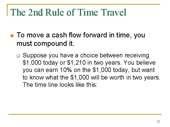 The 2 nd Rule of Time Travel n To move a cash flow forward