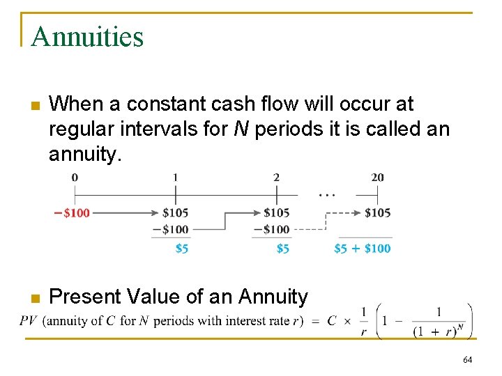 Annuities n When a constant cash flow will occur at regular intervals for N