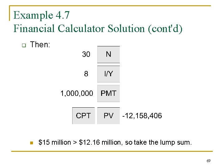 Example 4. 7 Financial Calculator Solution (cont'd) q Then: n $15 million > $12.