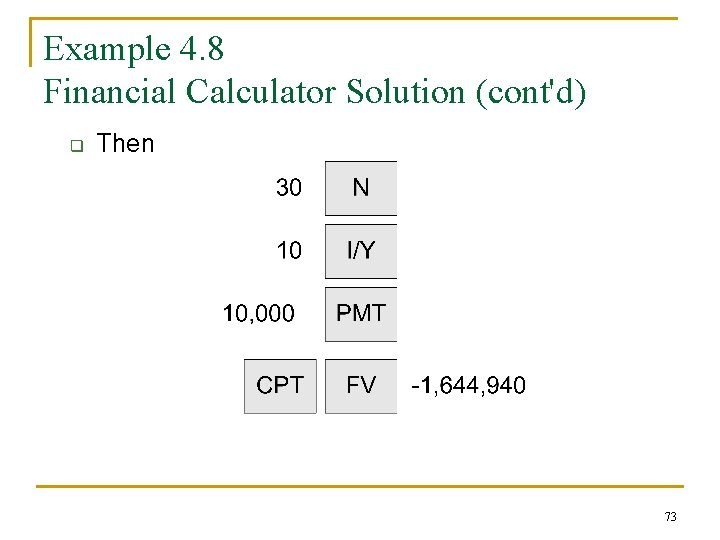 Example 4. 8 Financial Calculator Solution (cont'd) q Then 73 