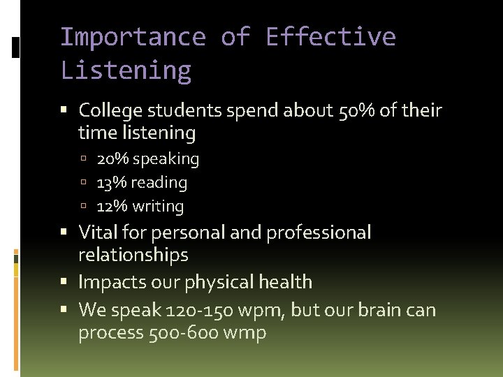 Importance of Effective Listening College students spend about 50% of their time listening 20%