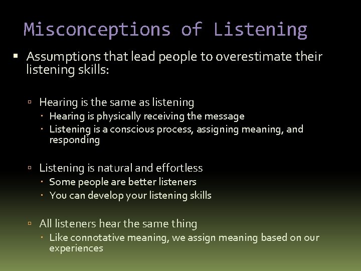 Misconceptions of Listening Assumptions that lead people to overestimate their listening skills: Hearing is