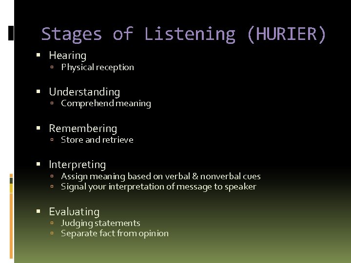 Stages of Listening (HURIER) Hearing Physical reception Understanding Comprehend meaning Remembering Store and retrieve