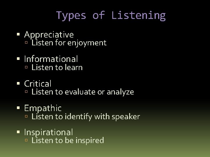 Types of Listening Appreciative Listen for enjoyment Informational Listen to learn Critical Listen to