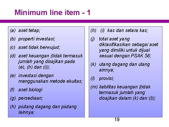 Minimum line item - 1 (a) aset tetap; (h) (i) kas dan setara kas;