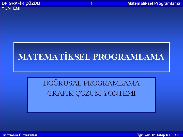 DP GRAFİK ÇÖZÜM YÖNTEMİ 1 Matematiksel Programlama MATEMATİKSEL PROGRAMLAMA DOĞRUSAL PROGRAMLAMA GRAFİK ÇÖZÜM YÖNTEMİ DP GRAFİK ÇÖZÜM YÖNTEMİ 1 Matematiksel Programlama MATEMATİKSEL PROGRAMLAMA DOĞRUSAL PROGRAMLAMA GRAFİK ÇÖZÜM YÖNTEMİ