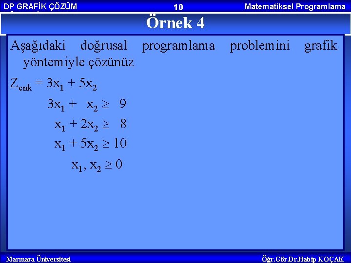 DP GRAFİK ÇÖZÜM YÖNTEMİ 10 Matematiksel Programlama Örnek 4 Aşağıdaki doğrusal programlama yöntemiyle çözünüz DP GRAFİK ÇÖZÜM YÖNTEMİ 10 Matematiksel Programlama Örnek 4 Aşağıdaki doğrusal programlama yöntemiyle çözünüz