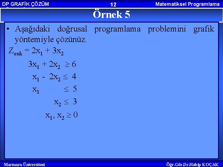 DP GRAFİK ÇÖZÜM YÖNTEMİ 12 Matematiksel Programlama Örnek 5 • Aşağıdaki doğrusal programlama problemini DP GRAFİK ÇÖZÜM YÖNTEMİ 12 Matematiksel Programlama Örnek 5 • Aşağıdaki doğrusal programlama problemini