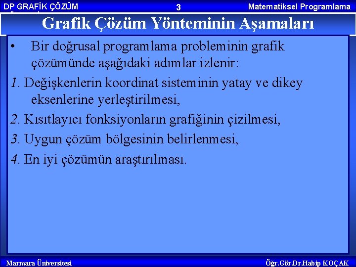 DP GRAFİK ÇÖZÜM YÖNTEMİ 3 Matematiksel Programlama Grafik Çözüm Yönteminin Aşamaları • Bir doğrusal DP GRAFİK ÇÖZÜM YÖNTEMİ 3 Matematiksel Programlama Grafik Çözüm Yönteminin Aşamaları • Bir doğrusal