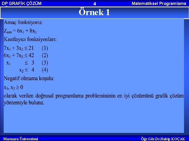 DP GRAFİK ÇÖZÜM YÖNTEMİ Marmara Üniversitesi 4 Matematiksel Programlama Örnek 1 Öğr. Gör. Dr. DP GRAFİK ÇÖZÜM YÖNTEMİ Marmara Üniversitesi 4 Matematiksel Programlama Örnek 1 Öğr. Gör. Dr.