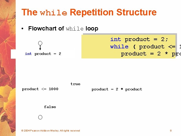 The while Repetition Structure • Flowchart of while loop int product = 2; while