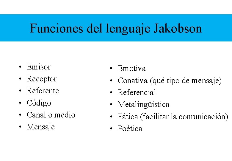 Funciones del lenguaje Jakobson • • • Emisor Receptor Referente Código Canal o medio