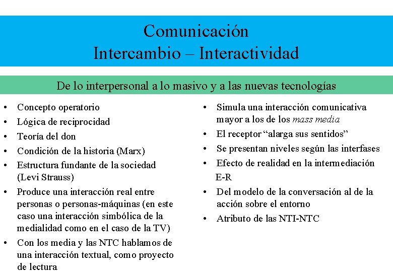 Comunicación Intercambio – Interactividad De lo interpersonal a lo masivo y a las nuevas