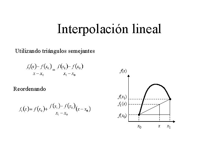 Interpolación lineal Utilizando triángulos semejantes f(x) Reordenando f(x 1) f 1(x) f(x 0) x