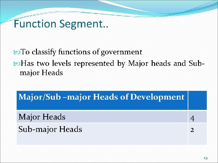 Function Segment. . To classify functions of government Has two levels represented by Major
