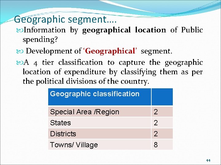 Geographic segment…. Information by geographical location of Public spending? Development of ‘Geographical’ segment. A