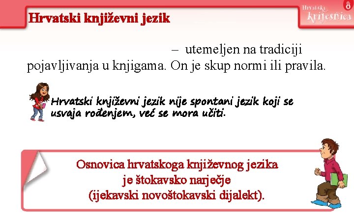 Hrvatski književni jezik – utemeljen na tradiciji pojavljivanja u knjigama. On je skup normi