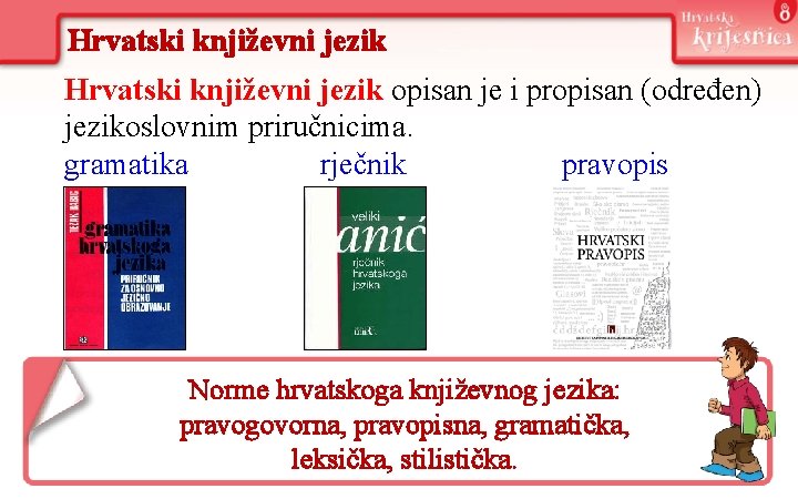 Hrvatski književni jezik opisan je i propisan (određen) jezikoslovnim priručnicima. gramatika rječnik pravopisu. pravopis Hrvatski književni jezik opisan je i propisan (određen) jezikoslovnim priručnicima. gramatika rječnik pravopisu. pravopis