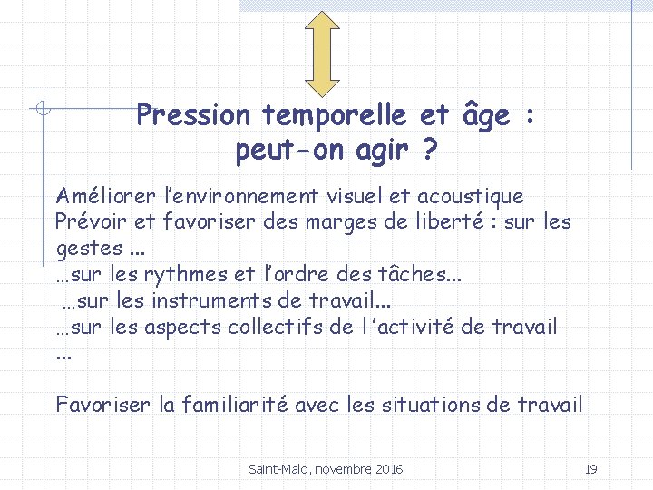 Pression temporelle et âge : peut-on agir ? Améliorer l’environnement visuel et acoustique Prévoir