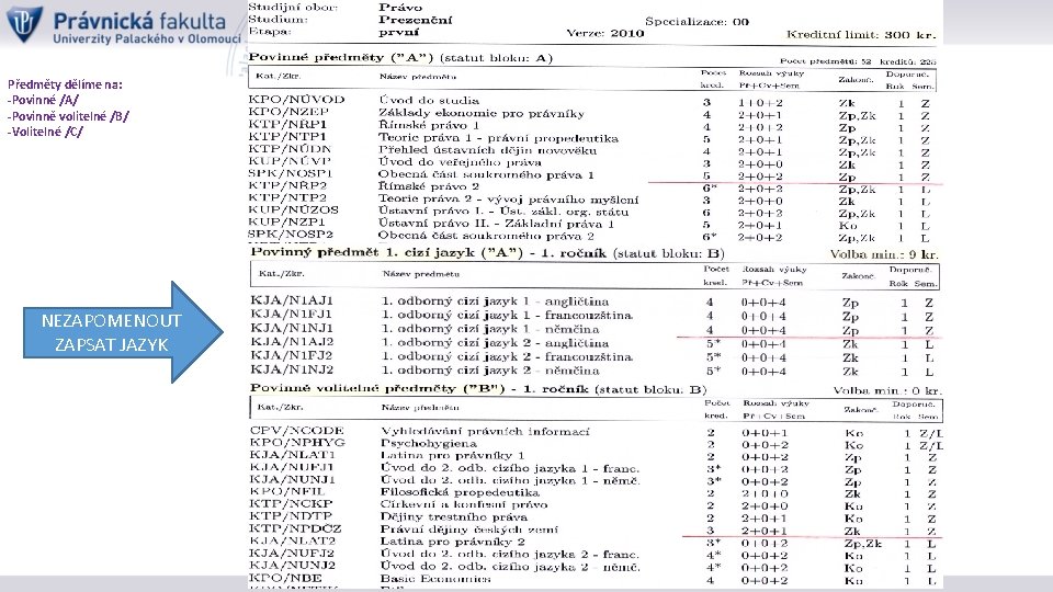 Předměty dělíme na: -Povinné /A/ -Povinně volitelné /B/ -Volitelné /C/ NEZAPOMENOUT ZAPSAT JAZYK 