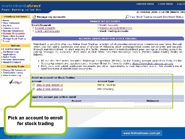 Pick an account to enroll for stock trading 