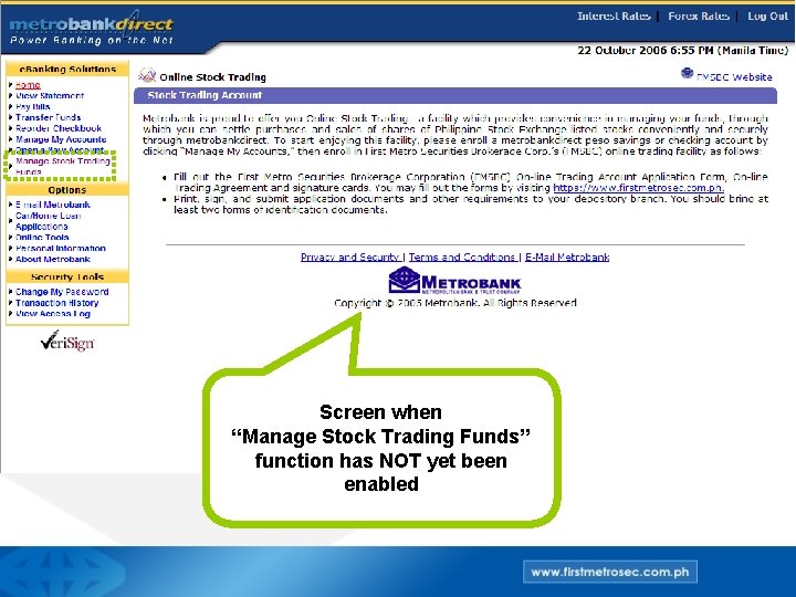 Screen when “Manage Stock Trading Funds” function has NOT yet been enabled 