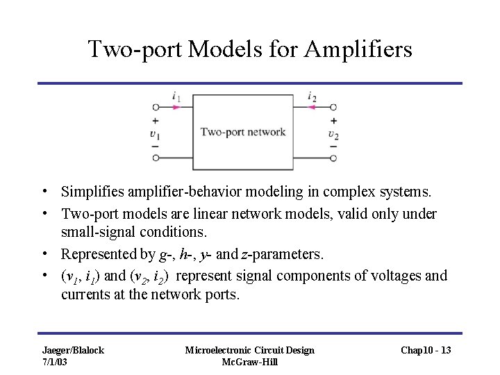 Two-port Models for Amplifiers • Simplifies amplifier-behavior modeling in complex systems. • Two-port models