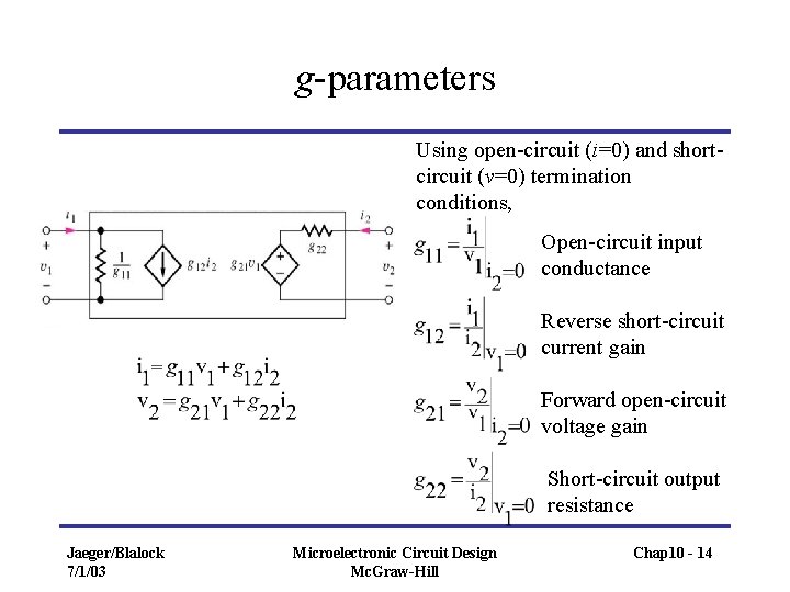 g-parameters Using open-circuit (i=0) and shortcircuit (v=0) termination conditions, Open-circuit input conductance Reverse short-circuit