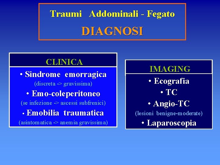 Traumi Addominali - Fegato DIAGNOSI CLINICA • Sindrome emorragica (discreta -> gravissima) • Emo-coleperitoneo