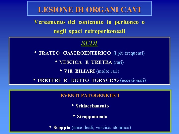 LESIONE DI ORGANI CAVI Versamento del contenuto in peritoneo o negli spazi retroperitoneali SEDI