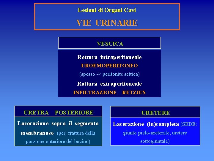 Lesioni di Organi Cavi VIE URINARIE VESCICA Rottura intraperitoneale UROEMOPERITONEO (spesso -> peritonite settica)