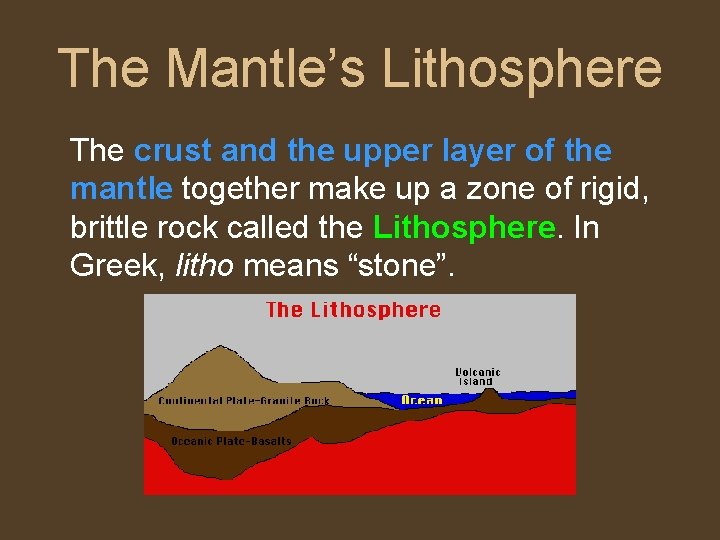 The Mantle’s Lithosphere The crust and the upper layer of the mantle together make