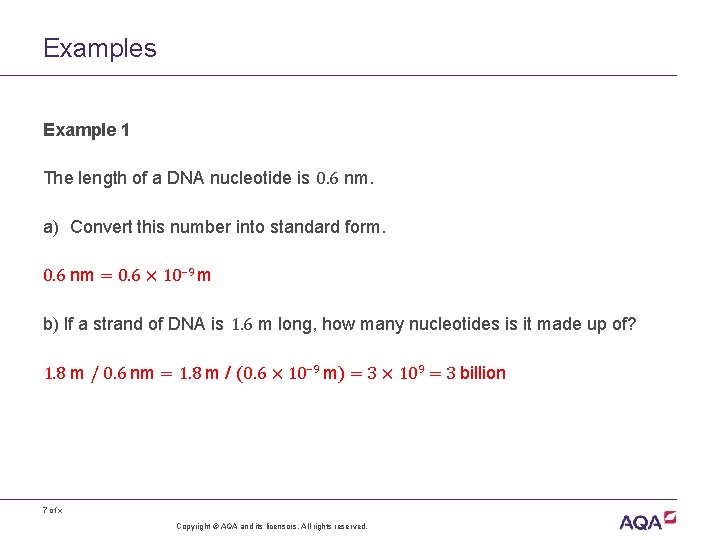 Examples Example 1 The length of a DNA nucleotide is 0. 6 nm. a) Examples Example 1 The length of a DNA nucleotide is 0. 6 nm. a)