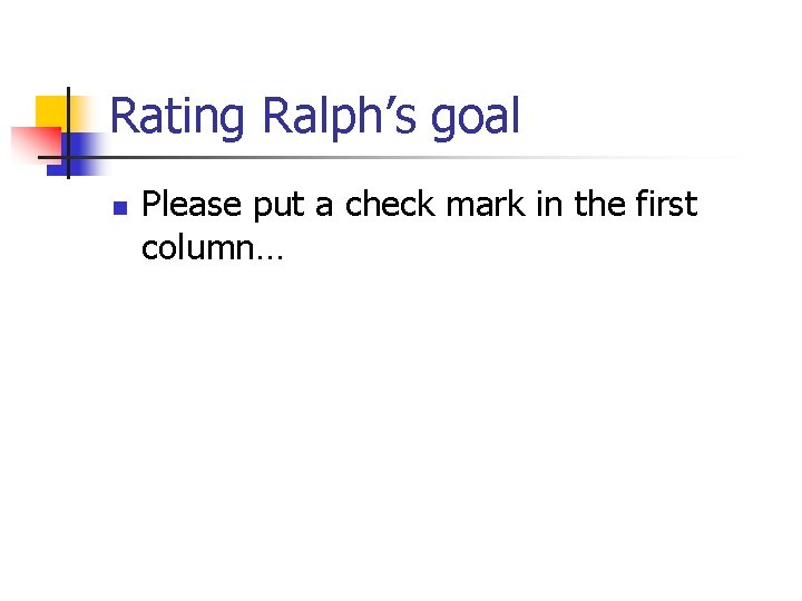 Rating Ralph’s goal n Please put a check mark in the first column… 