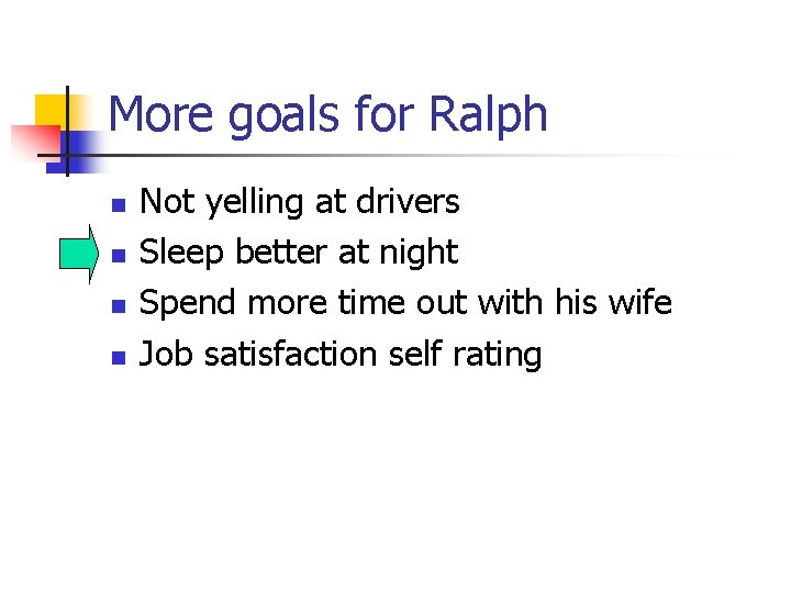 More goals for Ralph n n Not yelling at drivers Sleep better at night