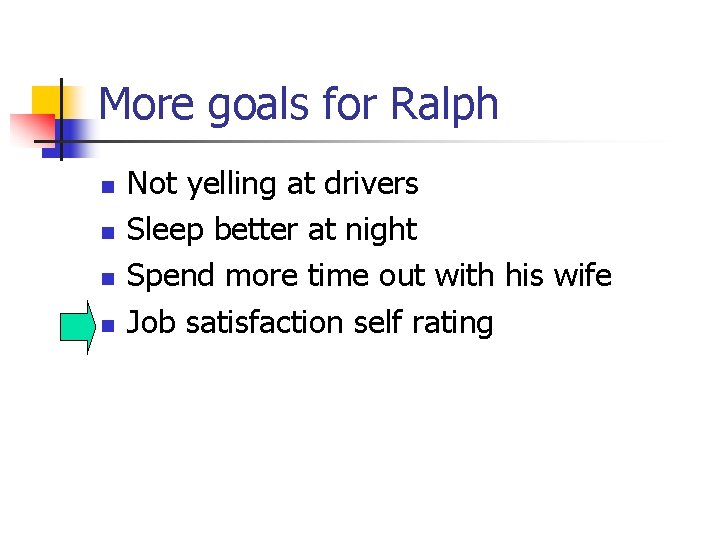 More goals for Ralph n n Not yelling at drivers Sleep better at night