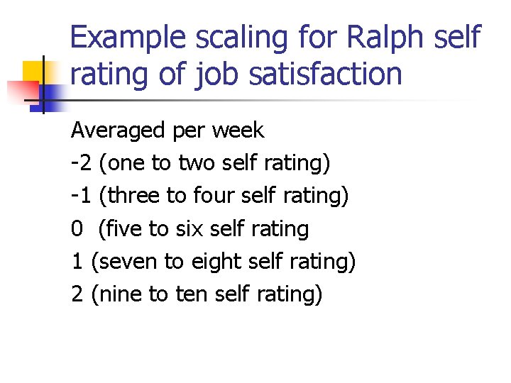 Example scaling for Ralph self rating of job satisfaction Averaged per week -2 (one