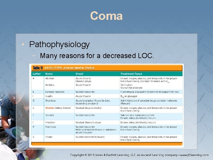 Coma • Pathophysiology − Many reasons for a decreased LOC. 