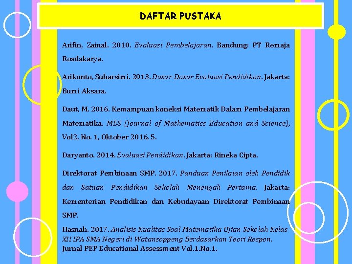 DAFTAR PUSTAKA Arifin, Zainal. 2010. Evaluasi Pembelajaran. Bandung: PT Remaja Rosdakarya. Arikunto, Suharsimi. 2013.