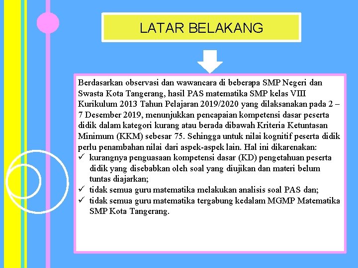 LATAR BELAKANG Berdasarkan observasi dan wawancara di beberapa SMP Negeri dan Swasta Kota Tangerang,