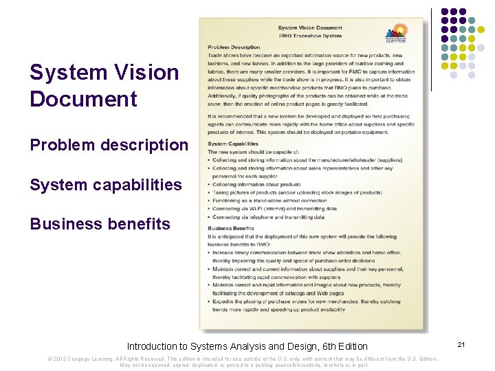 System Vision Document Problem description System capabilities Business benefits Introduction to Systems Analysis and