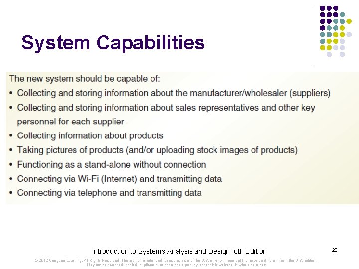 System Capabilities Introduction to Systems Analysis and Design, 6 th Edition © 2012 Cengage