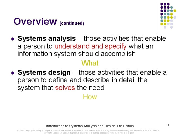 Overview (continued) l l Systems analysis – those activities that enable a person to