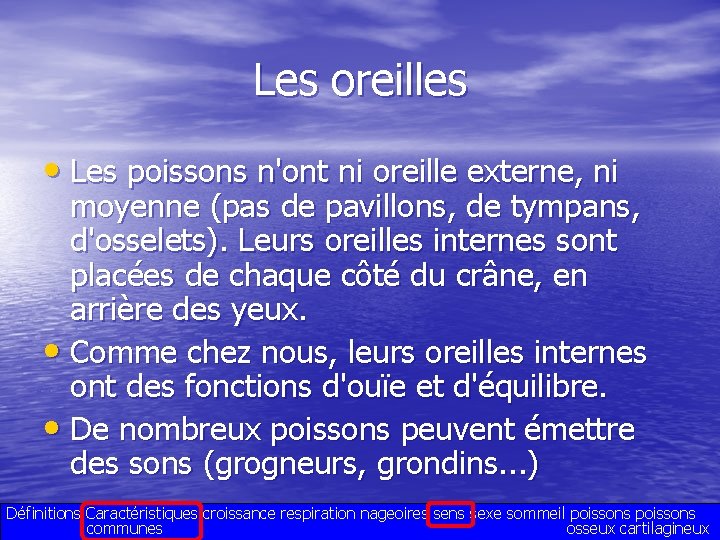 Les oreilles • Les poissons n'ont ni oreille externe, ni moyenne (pas de pavillons,