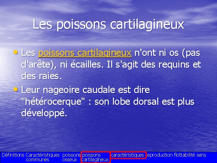 Les poissons cartilagineux • Les poissons cartilagineux n'ont ni os (pas d'arête), ni écailles.