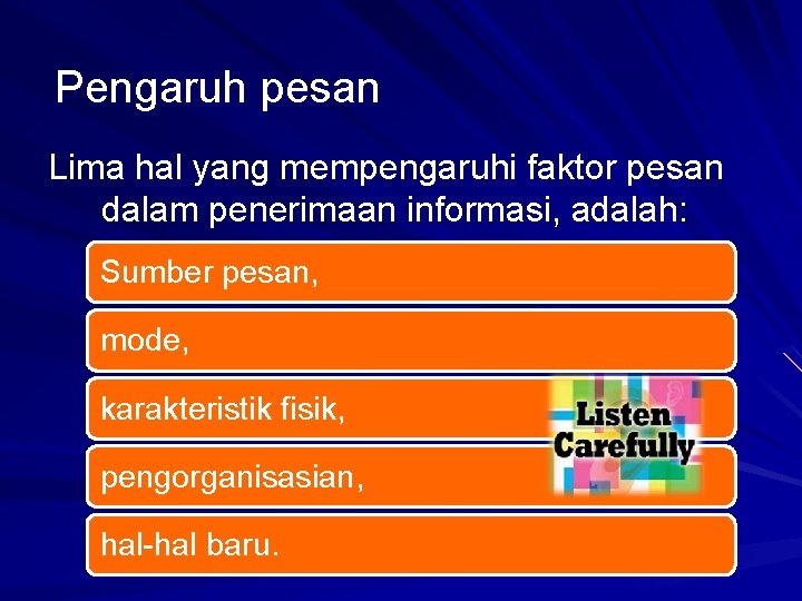 Pengaruh pesan Lima hal yang mempengaruhi faktor pesan dalam penerimaan informasi, adalah: Sumber pesan,