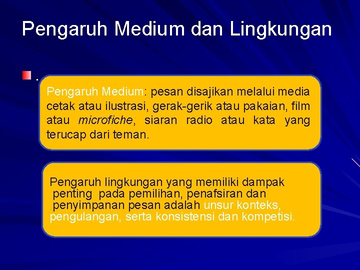 Pengaruh Medium dan Lingkungan. Pengaruh Medium: pesan disajikan melalui media cetak atau ilustrasi, gerak-gerik