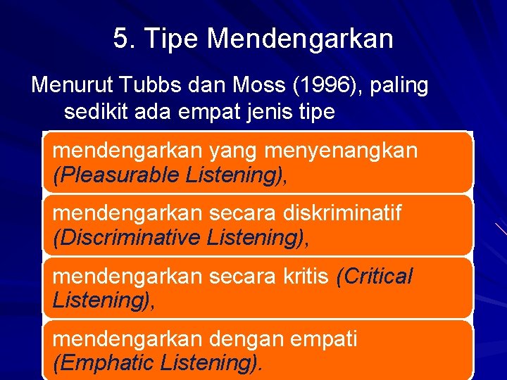 5. Tipe Mendengarkan Menurut Tubbs dan Moss (1996), paling sedikit ada empat jenis tipe
