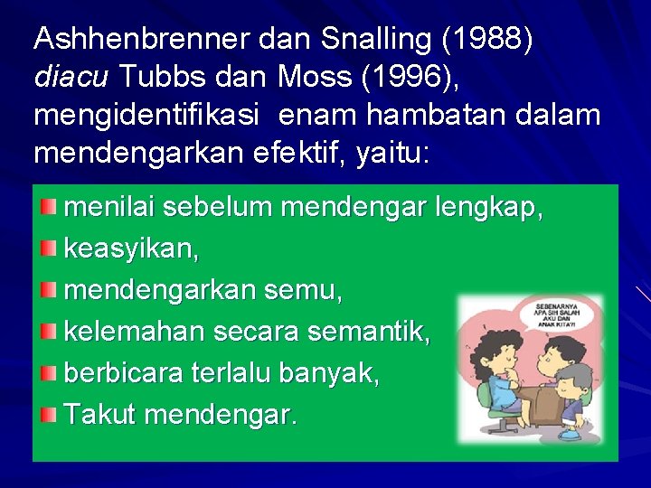 Ashhenbrenner dan Snalling (1988) diacu Tubbs dan Moss (1996), mengidentifikasi enam hambatan dalam mendengarkan